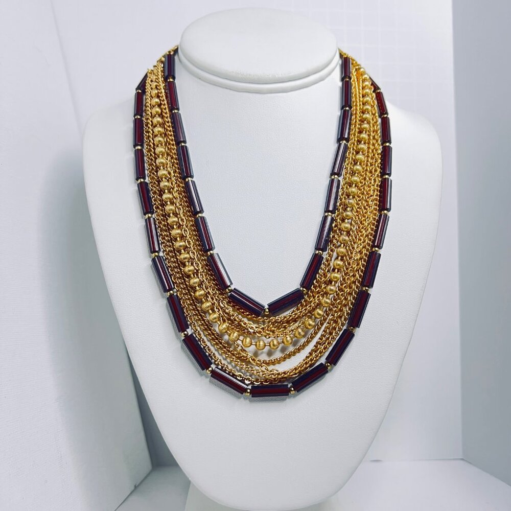 Vintage 11 Strand Gold Tone And Brown Bead Necklace (5698)